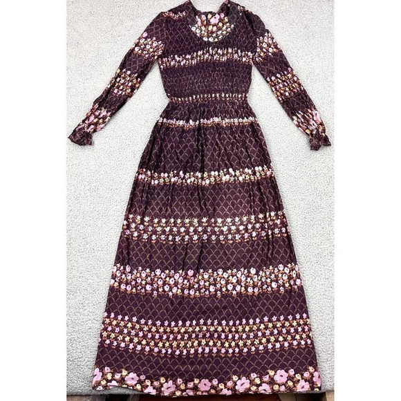 Vintage 70s Dress Size Small Floral Smocked Maxi Burgundy Boho Hippie - Picture 1 of 16